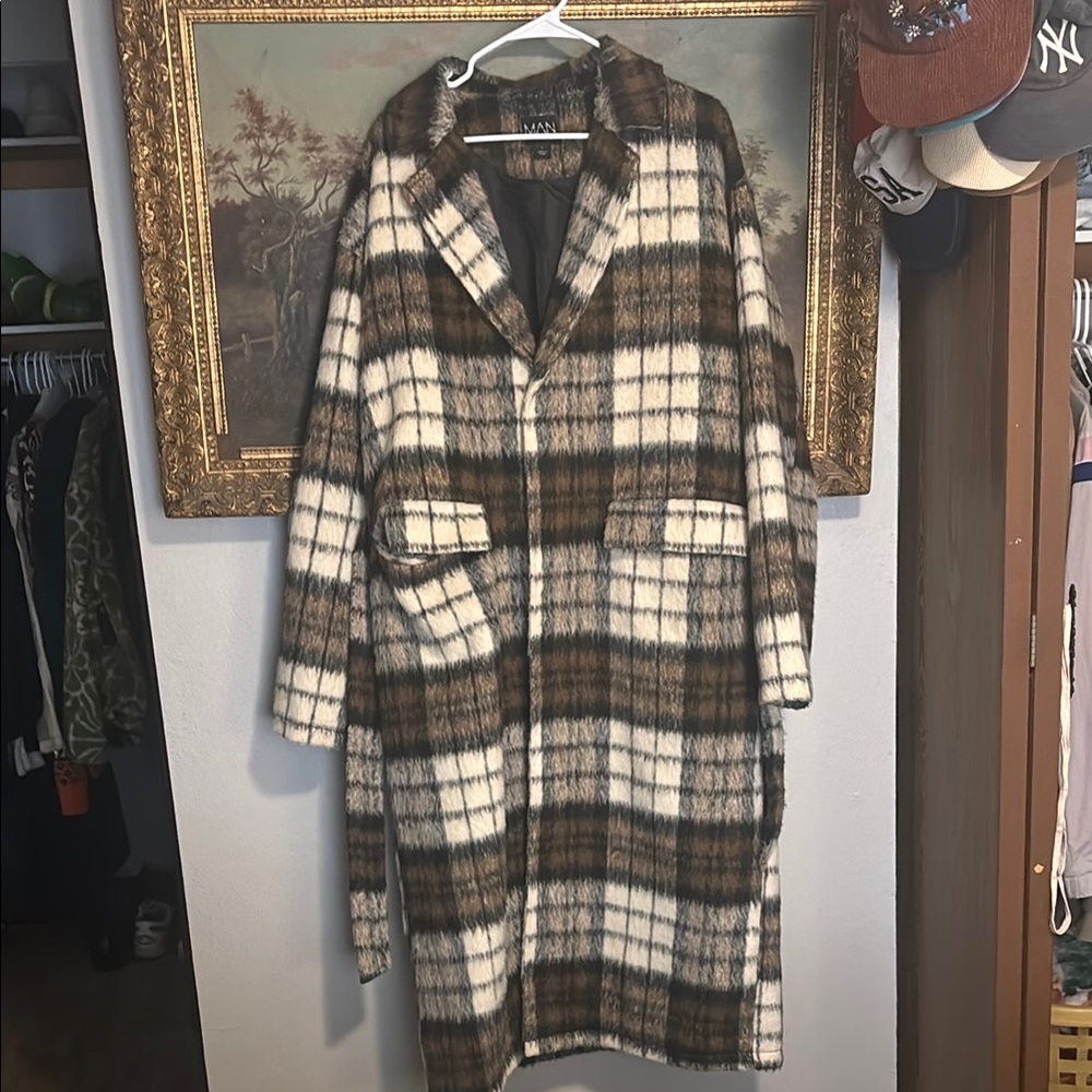 Cream and Dark Brown Plaid Trench Coat with Oversized Fit